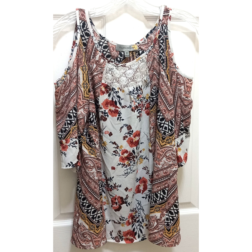 Fig & Flower Womens Cold Shoulder Blouse Sz M Paisley Print Boho Peasant Hippie